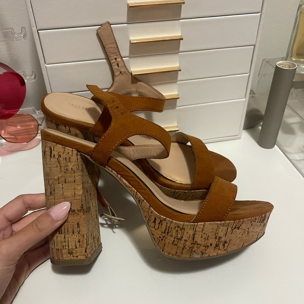 Brown Platform Sandals with Cork Heel